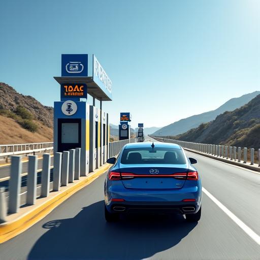 Automóvil pasando por un carril de telepeaje electrónico